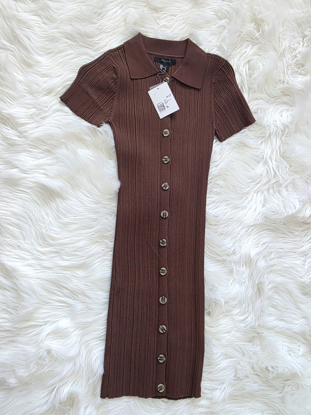 Forever 21 Brown Ribbed Button-Front Polo Midi Dress